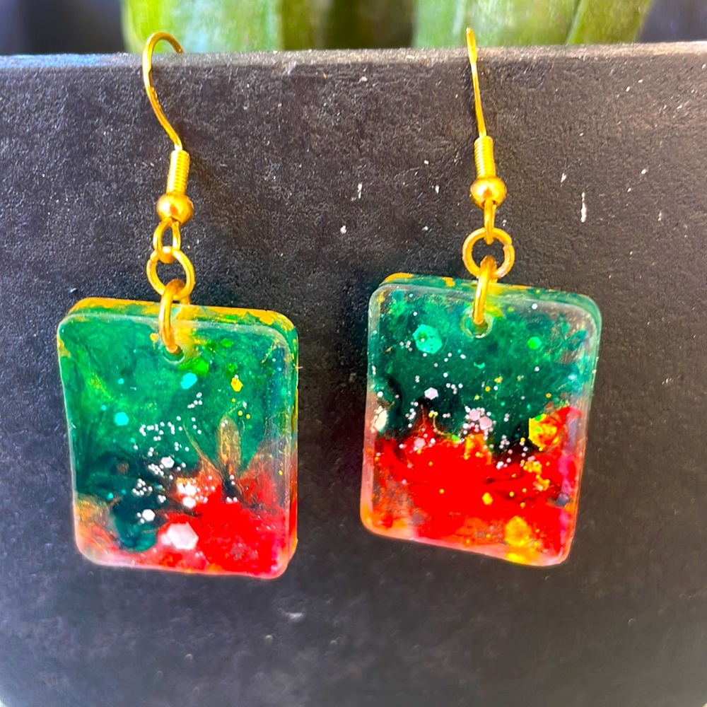 XMAS Handmade Festive Small Holiday Vibes Earrings Green and Red rectangle